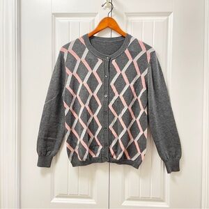 Vintage Wool Cashmere Argyle Button-Up Cardigan Pink Grey